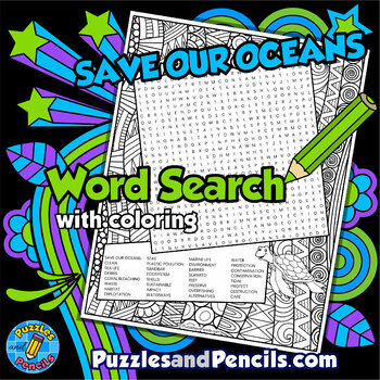 Preview of Save Our Oceans Word Search Puzzle with Coloring | Earth Day Wordsearch