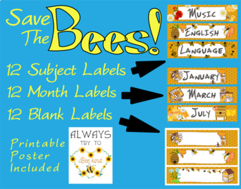 Preview of Save The Bees Class Decor Subject Labels, 12 Month Labels, 12 DIY Labels & More!