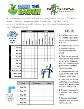 Preview of Save the Earth/Environment - Critical Thinking Grid Logic Puzzle w Coloring Page