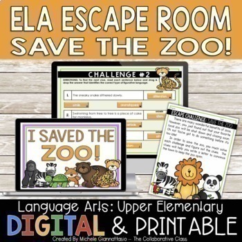 Preview of Save the Zoo Escape Room | Mixed ELA Skills Test Prep or End of Year Review