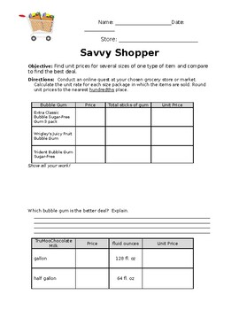 Preview of Savvy Shopper Unit Pricing Webquest