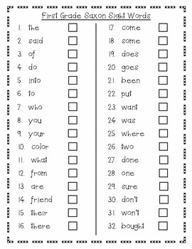 Preview of Saxon First Grade Sight Words Checklist