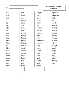 Preview of Saxon Phonics Sight Words List