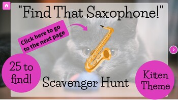 Preview of Saxophone Digital Scavenger Hunt- Kitten Themed- Online Music Game-Sub Friendly