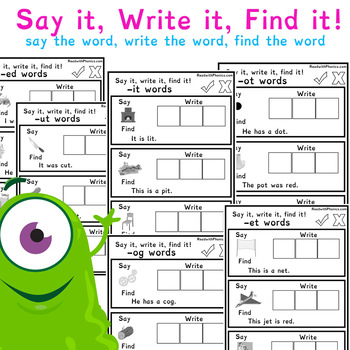 Preview of Say it, Write it, Find it! Phonics Worksheets CVC Words with Pictures