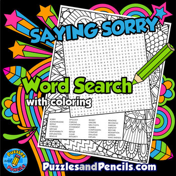 Preview of Saying Sorry Word Search Puzzle with Coloring Activity | Social Skills