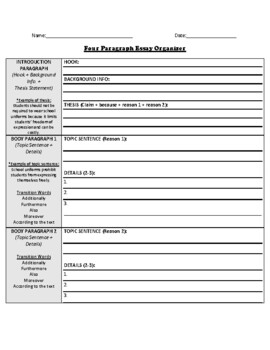 Preview of Scaffolded Four Paragraph Essay Organizer (with models and transition words)