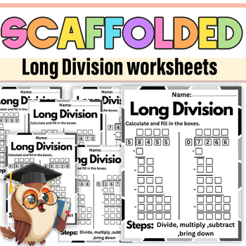 Preview of Scaffolded Long Division Practice worksheets| Long Division 4-digit by 1-digit