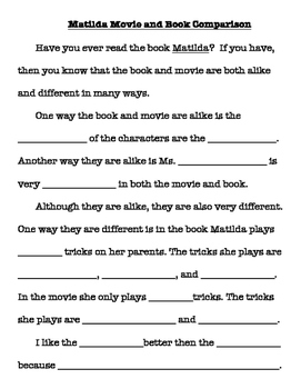 Preview of Scaffolded Matilda book/movie comparison writing for 3 levels of learners