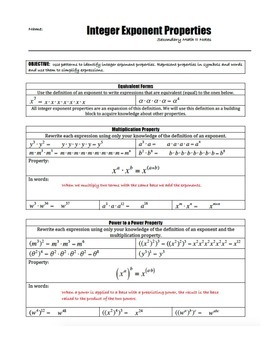 Preview of Scaffolded Notes - Integer Exponent Properties (Math 1 & Math 2)