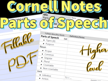 Preview of Scaffolded PARTS OF SPEECH in Cornell Notes Form! Fillable PDF & Editable DOCX!