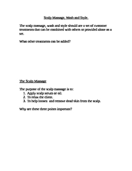 Preview of Scalp Massage, Wash and Style - Worksheet For a Hairdressing Course.