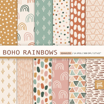 Preview of Scandinavian Digital Paper. Seamless Kids, Rainbow, Sun, Boho, Geometric Pattern