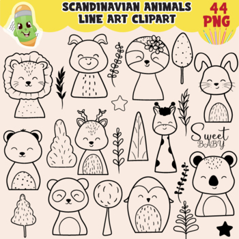 Preview of Scandinavian line art clipart, nursery animals clip art, woodland animals