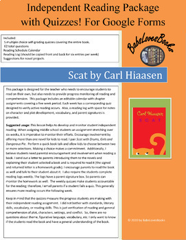 Preview of Scat by Carl Hiaasen for Google Forms Independent Reading Package with Quizzes!