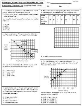 Scatter plot, Correlation, and Line of Best Fit Exam Mrs Math by Mrs