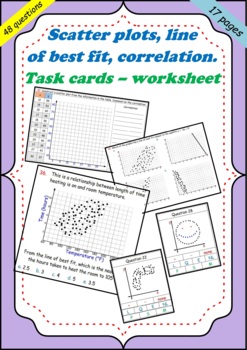 Preview of 04 Scatter plots, line of best fit, correlation-intro + worksheet (48 questions)
