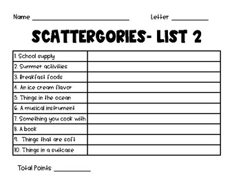 scattergories list generator 4th grade