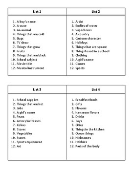 scattergories lists for kids printable