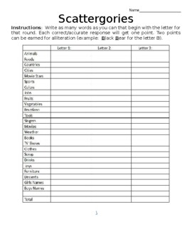 Preview of Scattergories Printable Game
