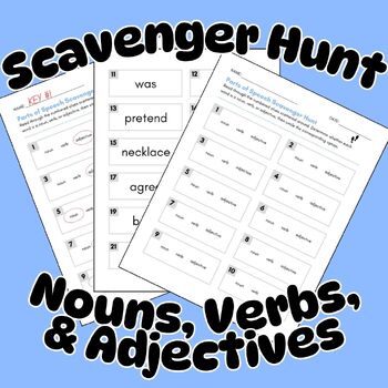 Preview of Scavenger Hunt: Nouns, Verbs, and Adjectives