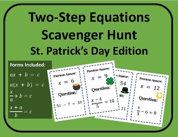Preview of Scavenger Hunt: Two-Step Equations - St. Patrick's Day Themed