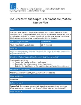 Preview of Schachter and Singer Experiment on Emotion Lesson Plan and Video