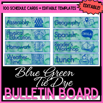 Preview of Schedule Cards - 100 Cards + Editable Pages - Blue Green Tie Dye Watercolor