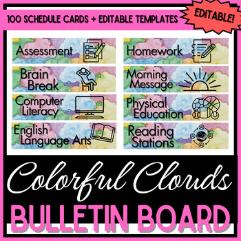 Preview of Schedule Cards - 100 Cards + Editable Pages - Colorful Clouds Watercolor