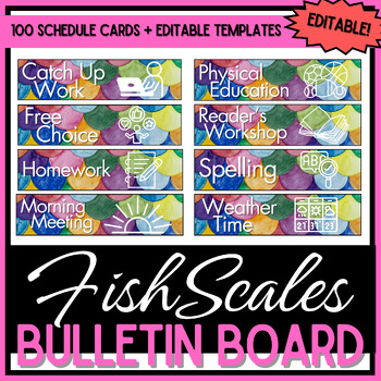 Preview of Schedule Cards - 100 Cards + Editable Pages - Fish Scales Watercolor