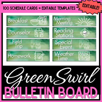Preview of Schedule Cards - 100 Cards + Editable Pages - Green Swirls Watercolor
