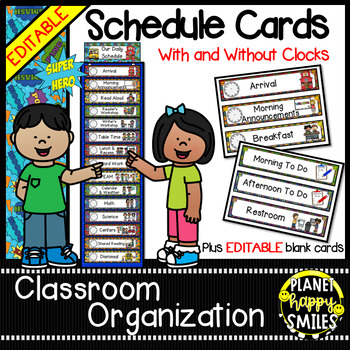 Preview of Schedule Cards With & Without Clocks (EDITABLE) - Super Hero Theme