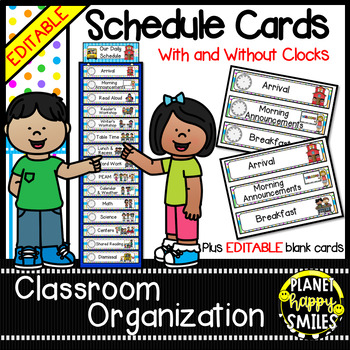 Preview of Schedule Cards With & Without Clocks (EDITABLE) - Bright  Polka Dots & Stripes
