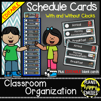 Preview of Schedule Cards With & Without Clocks (EDITABLE) - Teal and Chalkboard Print