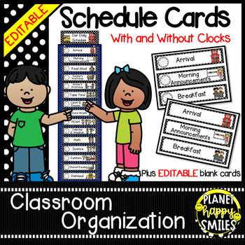 Preview of Schedule Cards With & Without Clocks (EDITABLE) - Black and White Polka Dots
