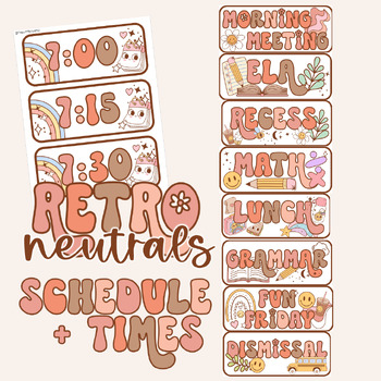 Preview of Schedule Cards with Times - Back to School Retro Neutrals