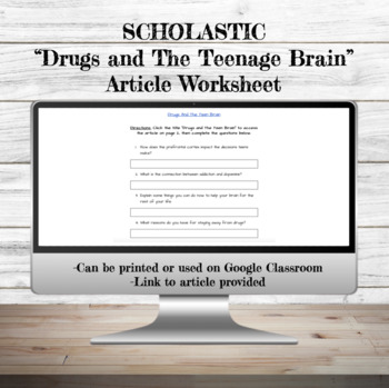 Preview of Scholastic Drugs and The Teen Brain Article Worksheet | Drug Education | Google