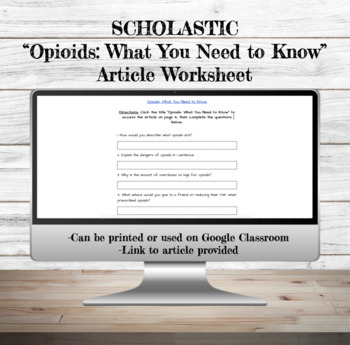 Preview of Scholastic "Opioids: What You Need To Know" Article Worksheet | Drug Education |