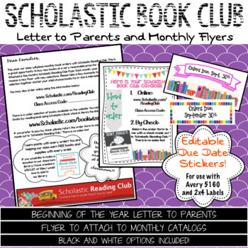 Preview of Scholastic Reading Club Letter to Parents with Monthly Flyers/Stickers