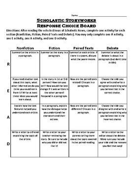 Preview of Scholastic Storyworks Response Choice Board