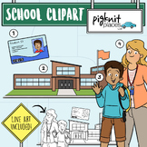 School Building Clipart with Teacher, Student, and ID Card