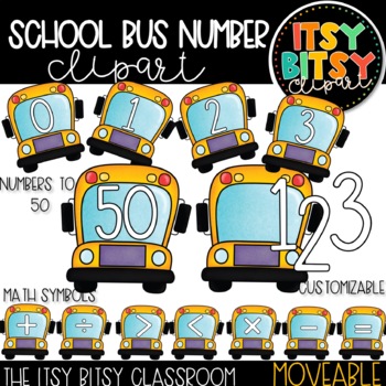 Preview of School Bus Clipart Number Tiles Back to School 0 to 50 Math Signs