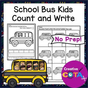 School Bus Kids Math Count Color Cut And Paste Then Write Worksheets