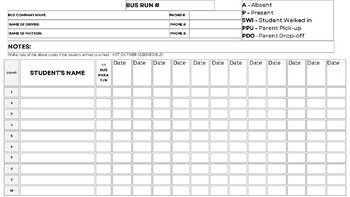 School Busing Student Attendance Sheet by Yona Bare | TPT