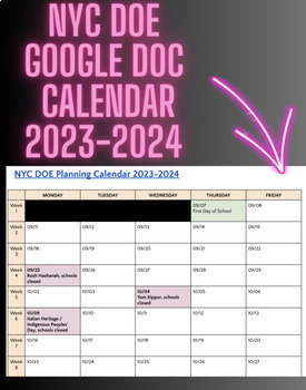 Preview of School Calendar 2023-2024 Google Doc Based on NYC DOE