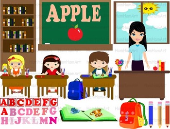 Preview of School Clip Art teacher alphabet teachers desk chair sun party abc kids -074-