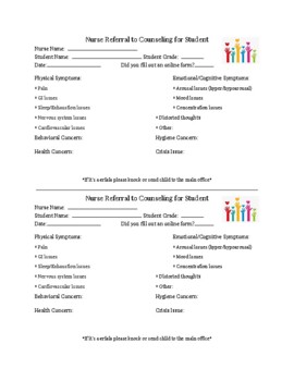Preview of School Counseling Referral Form for Nurses