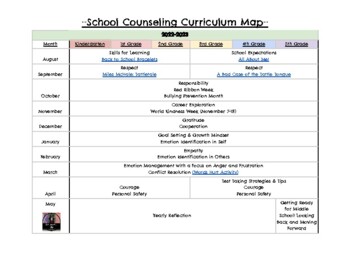 Preview of School Counseling Yearly Curriculum Map