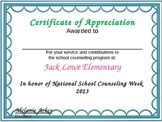 School Counselor's Week Certificate for Staff