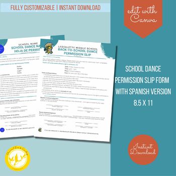 Preview of School Dance Permission Slip Form, Editable Template, Translated in Spanish